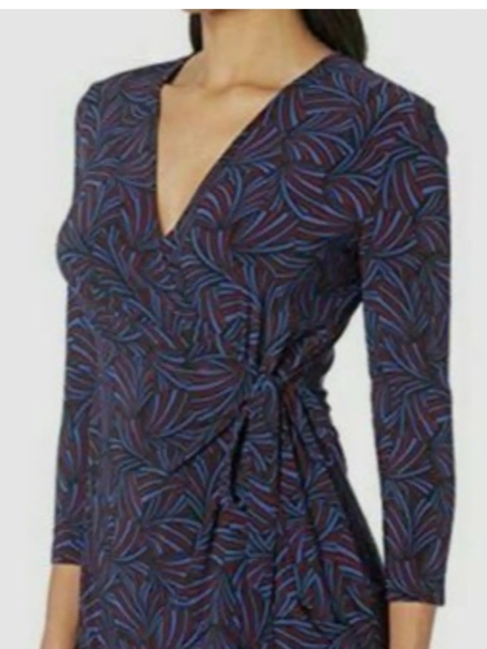 Anne Klein Blue and Black Leaf-Print Long Sleeve Wrap Dress